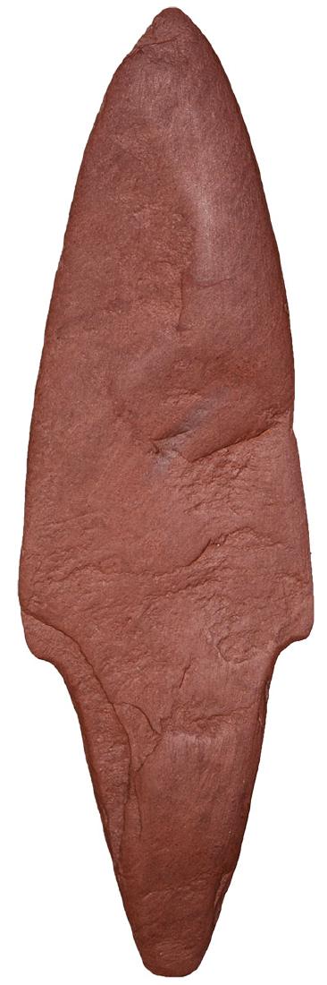 6 3/8" Red Paint Culture Spear. Massachusetts.: 6 3/8" Red Paint Culture Spear. Massachusetts. Polished Red Slate. Thin, well made. Vivid color. Pictured in WW#11 (p112). Jackson G9+ COA