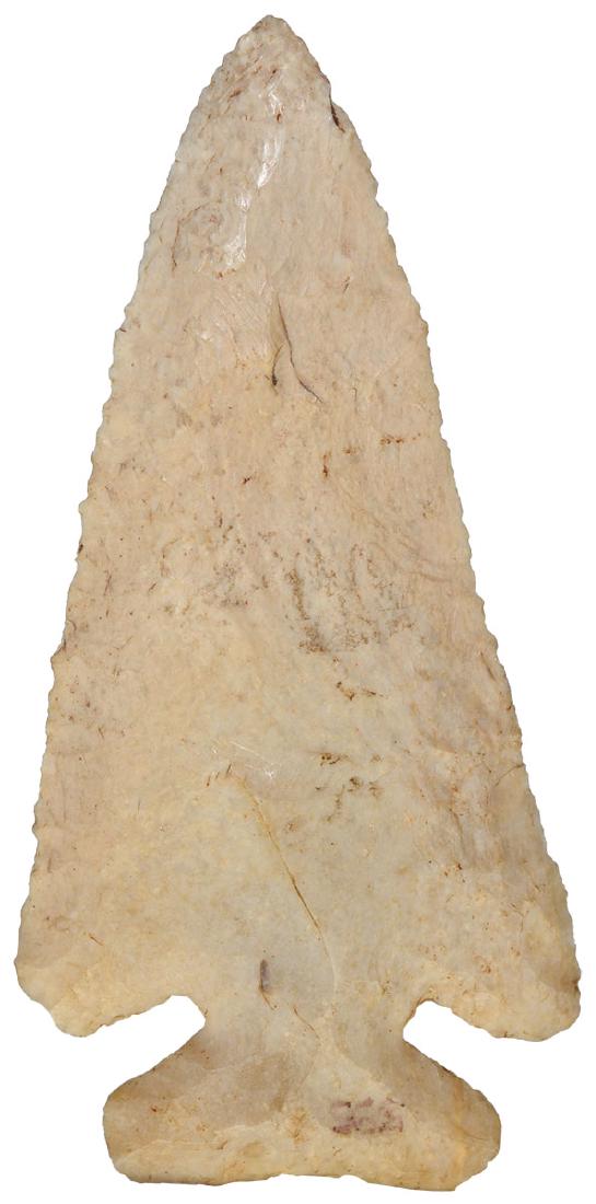 4 1/16" Thebes. MO. Pictured in Legends of: 4 1/16" Thebes. Lewis Co, MO. Fine pressure flaked edges. Well made. Crescent Quarry. Ex-Joe Kinker. Pictured in Legends of Prehistoric Art II (p353). Berner COA