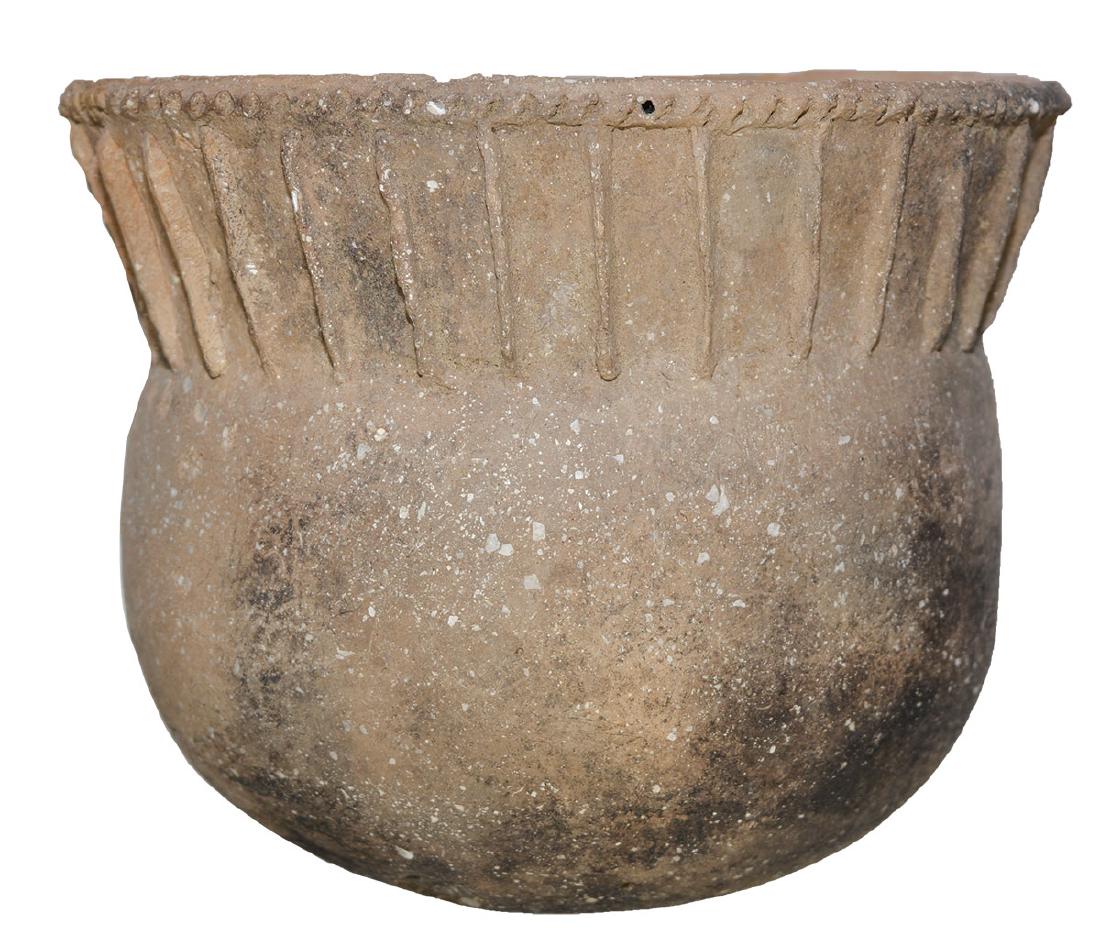 6 1/8" D Vernon Paul Applique Jar. Cross Co, AR.: 6 1/8" D Vernon Paul Applique Jar. Cross Co, AR. Finely made Mississippian vessel, Buff finish. Very good condition, hole repaired. Ex-Sam Johnson, Kevin Farmer