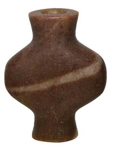 3" Bottle Bannerstone. Ex-E.L. Renno (NTB189).: 3" Bottle Bannerstone. Boone Co, MO (West of Columbia). Deep reddish Quartz with white striping. Ex-Joe Kinker, E.L. Renno (NTB189). Pictured in Who's Who in Indian Relics #7 (p127) and WW#11 (p279).