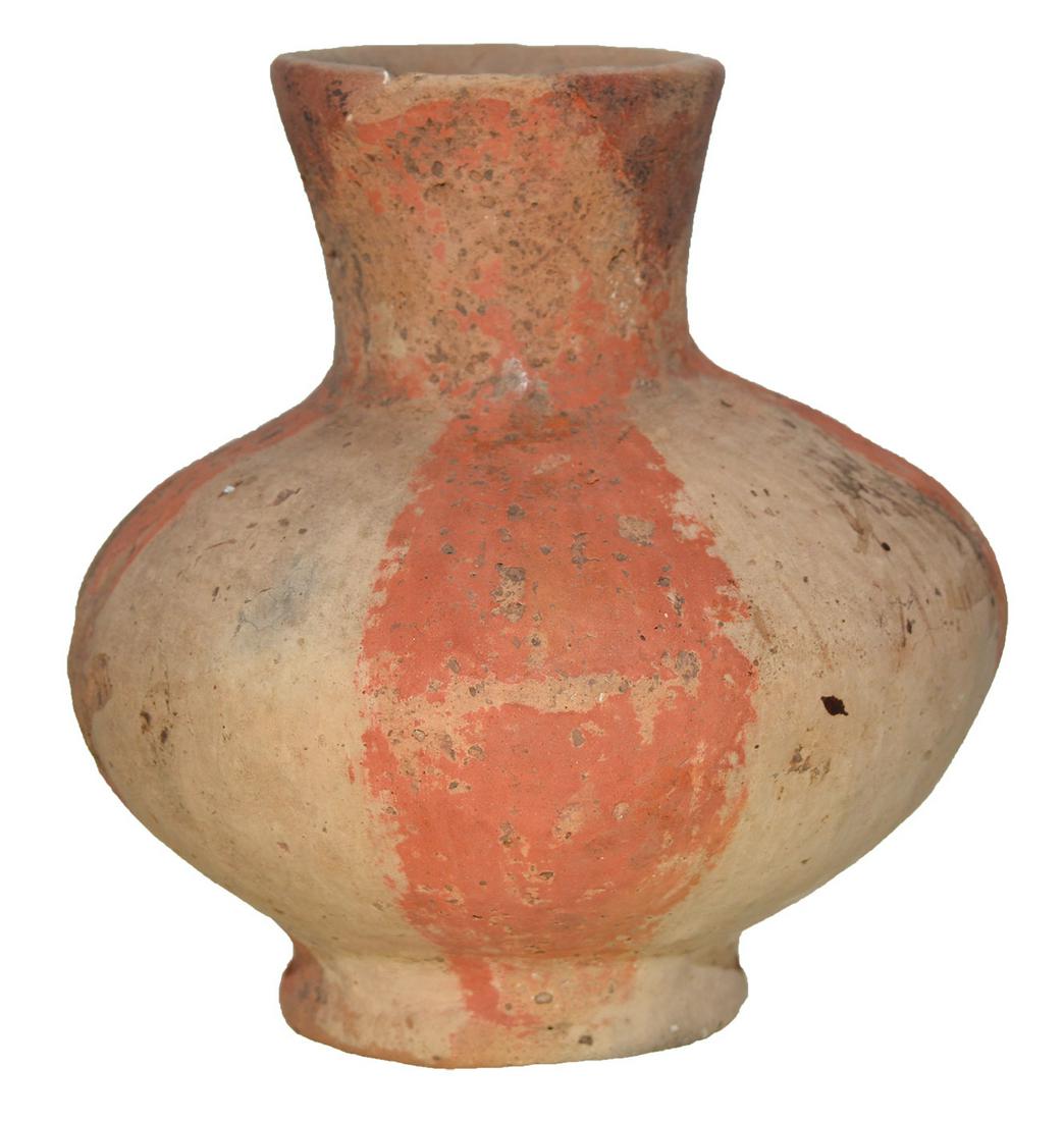 6" Carson Red on Buff Panel Jar. Mississippi Co, AR.: 6" Carson Red on Buff Panel Jar. Mississippi Co, AR. Solid bowl, some repair to neck. Ample original paint. Nice presentation. Ex-Steve Vincent, Cliff Jackson, Bruce Filbrandt, Rev. Hieke Collections