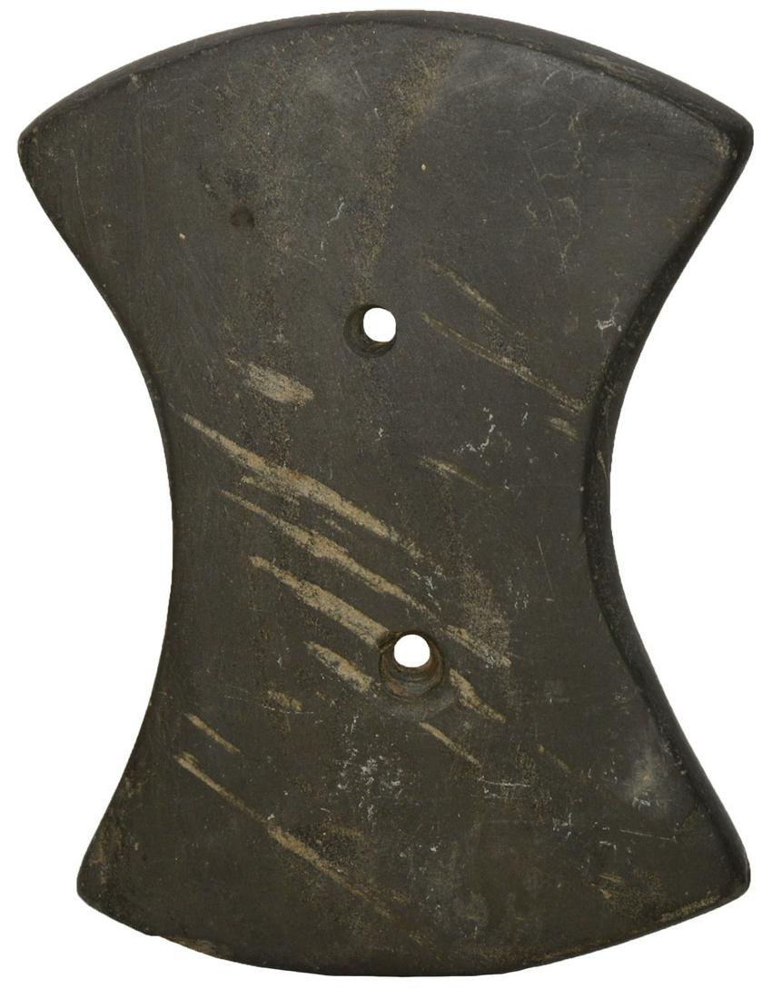 3 3/8" Bi-Concave Gorget. Darke Co, OH. Slate.: 3 3/8" Bi-Concave Gorget. Darke Co, OH. Slate. Classic shape, well made. Ex-Frank Adell. Jackson G8 COA