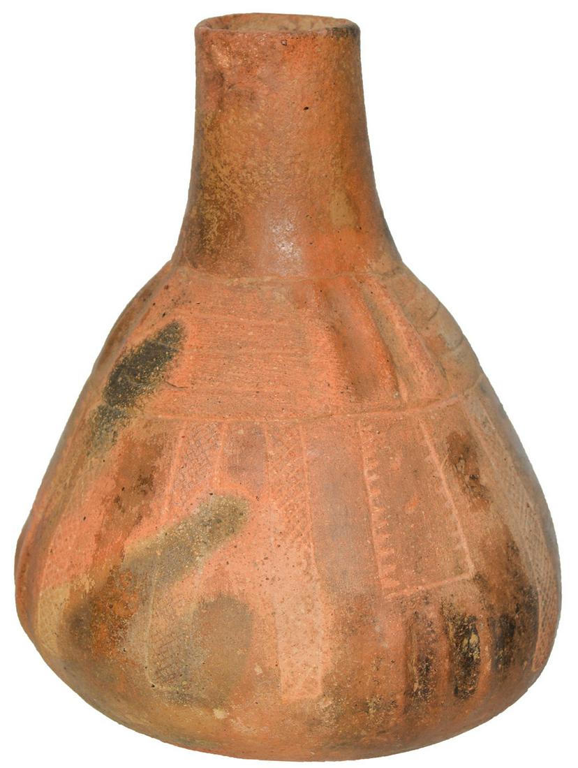 8 1/8" H. Caddo Friendship Bottle. Clark Co, AR. Tan: 8 1/8" H. Caddo Friendship Bottle. Clark Co, AR. Tan finish. Good condition. Bottom solid, may be hole repair. Neck reattached. Ex-Tommy Bryden