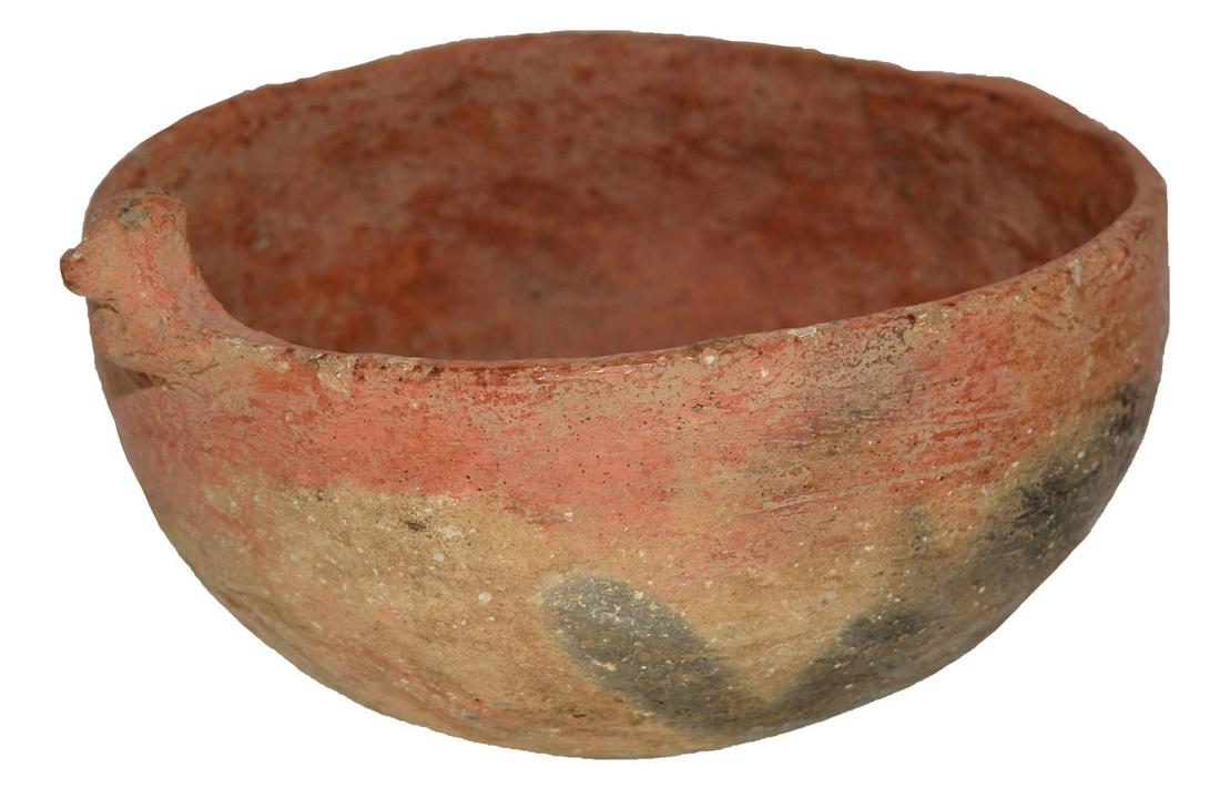 6 1/2" D. Rim Effigy Bowl. St. Francis Co, AR.: 6 1/2" D. Rim Effigy Bowl. St. Francis Co, AR. Miniature head on rim. Some repair, ample original red paint. Ex-Bill Moody
