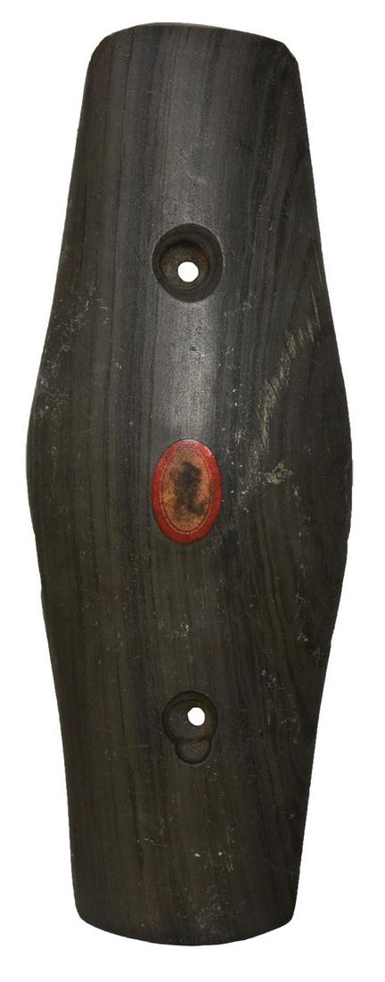 4 1/2" Hopewell Expanded Center Gorget. Darke Co, OH.: 4 1/2" Hopewell Expanded Center Gorget. Darke Co, OH. Thin, symmetrical. Banded Slate. Ex-Frank Adell. Jackson G9+ COA