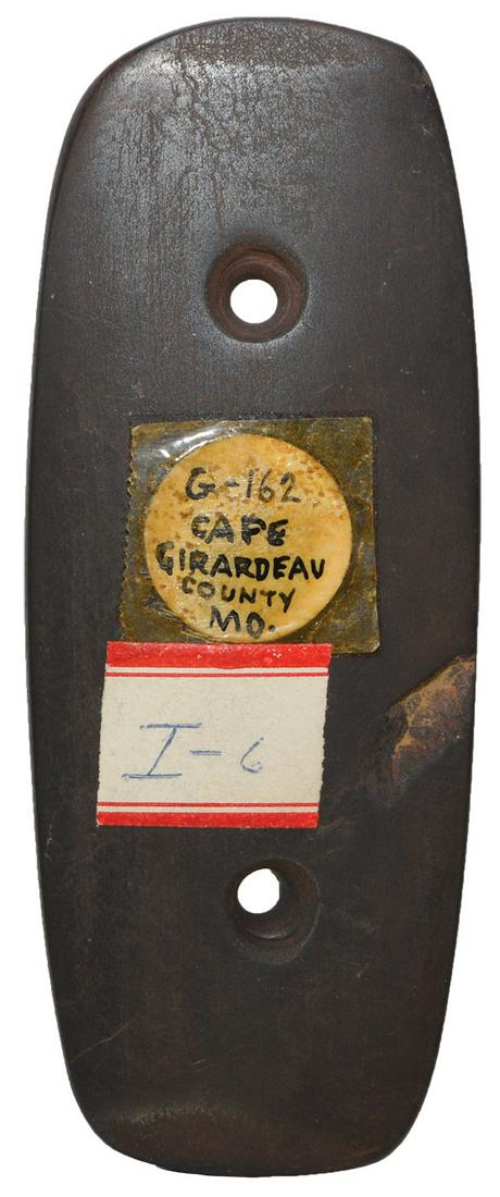 3 1/2" Gorget. Cape Girardeau Co, MO. Ex-B.W.: 3 1/2" Gorget. Cape Girardeau Co, MO. Brown slate. Fine condition. Ex-B.W. Stephens. Acquired from Robert Cobbel in 1959