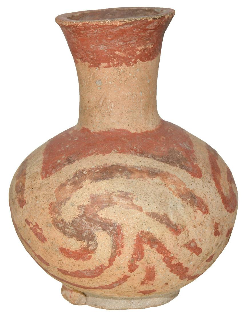 8 7/8" H. Red and White Swirl Jar. Remarkably solid.: 8 7/8" H. Red and White Swirl Jar. Dunklin Co, MO. Remarkably solid with minor rim repair. Portion of base applique missing. Original paint with some paint loss. Ex-Gilbert Cooper, Linn Quitman, Frank