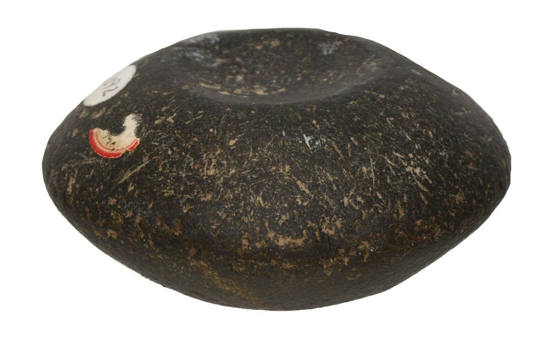 2 7/8" Salt River Discoidal. Ex-Dale and Betty: 2 7/8" Salt River Discoidal. Callaway Co, MO. Black hardstone, nicely polished. Very good condition, pronounced cup. Ex-Dale and Betty Roberts, Chuck Adams