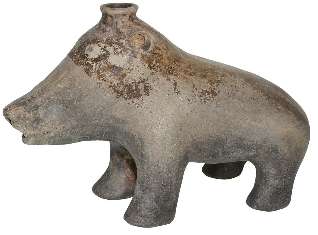 8 7/8" Walking Bear Effigy Bottle. AZ. Rare: 8 7/8" Walking Bear Effigy Bottle. AZ. Rare depiction in white body and black head finish. Much of original paint remains. Restoration to rear legs and butt. Pictured in Collectors III (CHAPA, p119) a