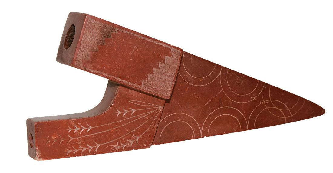 8 1/4" Winnebago Puzzle Pipe. MN. 1800's. Vivid red: 8 1/4" Winnebago Puzzle Pipe. MN. 1800's. Vivid red Catlinite. Excellent condition. Ex-Dr. Evan Maurer. Pictured in Aug. 2016 Prehistoric Antiquities (PAQ, p31). Jackson COA