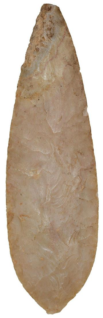 7 5/8" B-Pointed Blade. Yuma Co, CO. Chalcedony with: 7 5/8" B-Pointed Blade. Yuma Co, CO. Chalcedony with translucent edges. Fairly thin, well made. Davis G9 COA