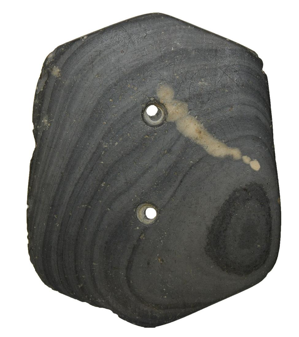 3 3/4" Glacial Kame Turtle Gorget. Rare form. Pict.: 3 3/4" Glacial Kame Turtle Gorget. Randolph Co, IN. Banded Slate. Rare form. Pictured in May 2018 PAQ (p54)