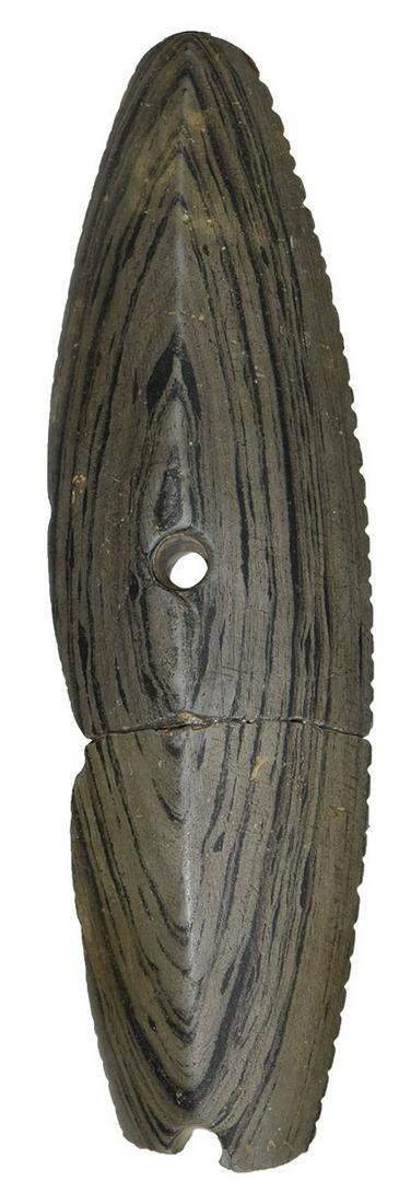 5 7/8" Glacial Kame Ridged Gorget. Allegan Co, MI.: 5 7/8" Glacial Kame Ridged Gorget. Allegan Co, MI. Glued in center (2 parts found 6 years apart by father and son). Slate