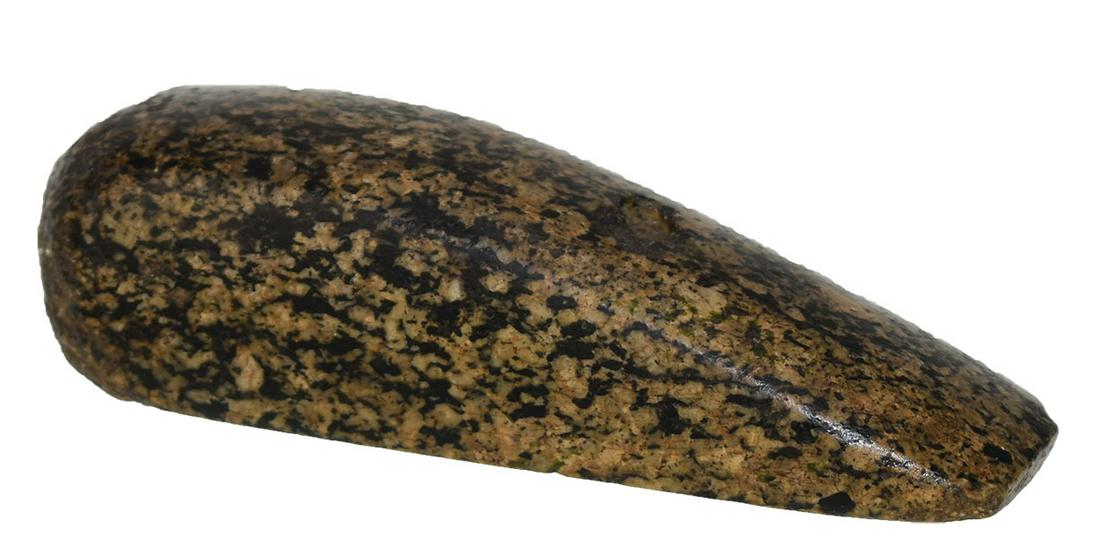 3 5/8" Granite Boatstone salvaged into a Pendant.: 3 5/8" Granite Boatstone salvaged into a Pendant. Butler Co, OH (Hamilton). Ex-Dr. Gordon Meuser (251/5). Nicely salvaged hardstone piece. Pictured in Meuser sale catalog and sketch book