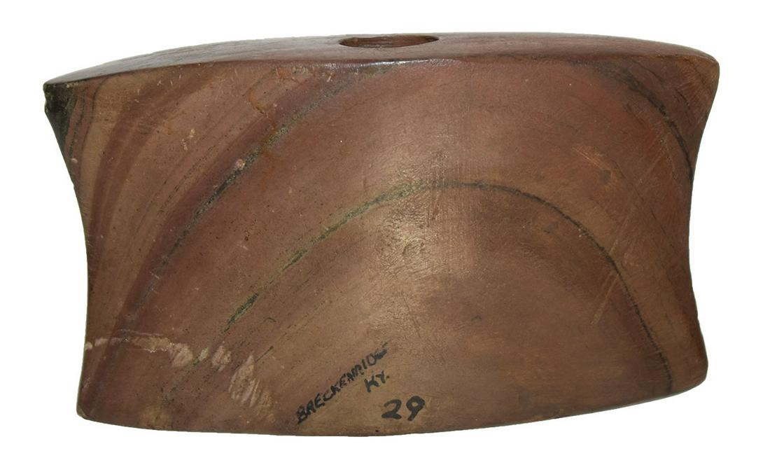3 1/4" Reel Bannerstone. Breckenridge, KY. Pictured: 3 1/4" Reel Bannerstone. Breckenridge, KY. Red Banded Slate. Ex-Brian Vastano, Art Gerber (pictured in Gerber's first sale catalog). Has restoration