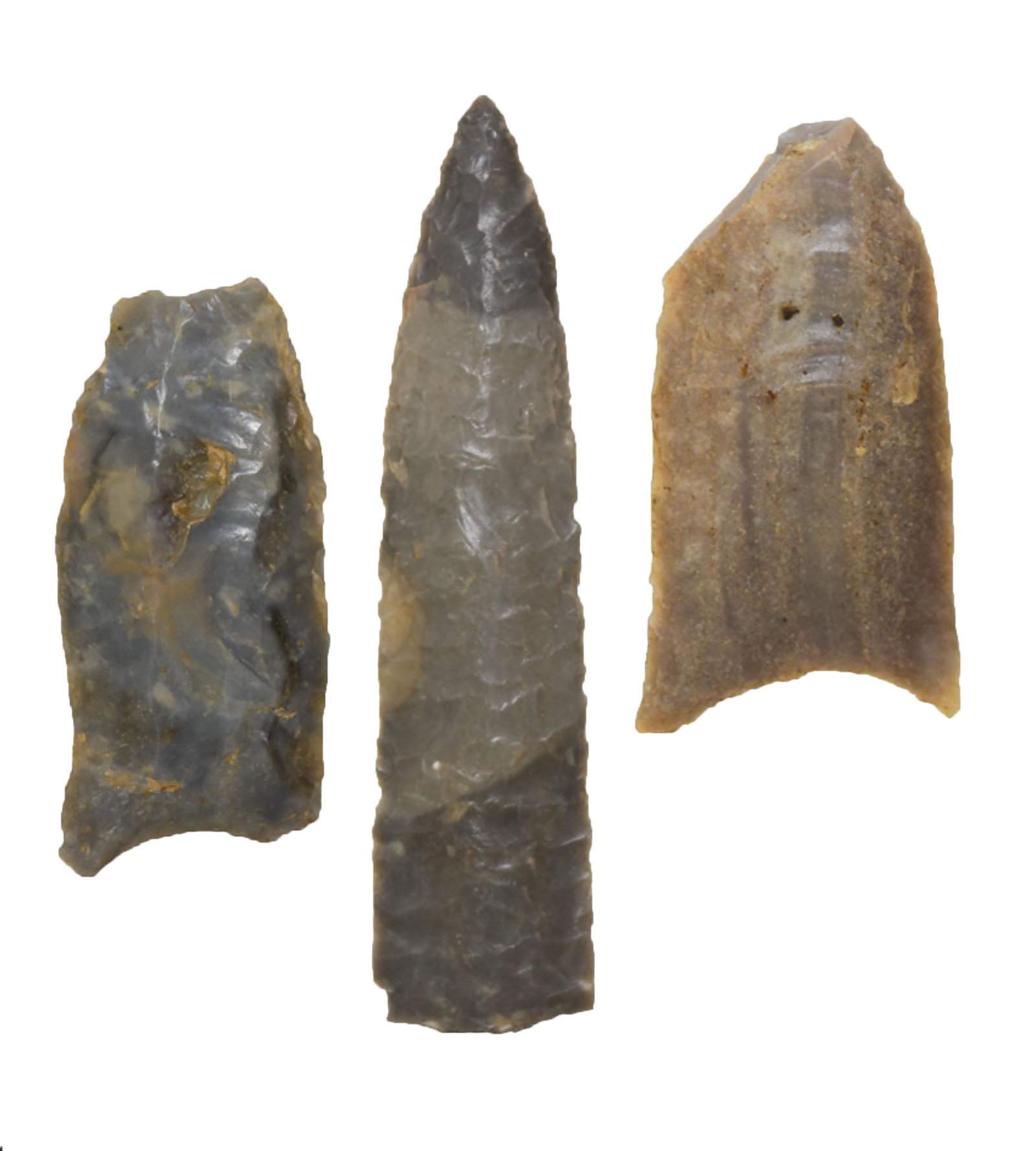Group of 3 Paleo Points. 1 3/8"-2 3/4". Two (well: Group of 3 Paleo Points. 1 3/8"-2 3/4". Two (well fluted) Clovis points are from Bourbon Co, KY. Eden distal section unknown. Ex-Merle Wasson