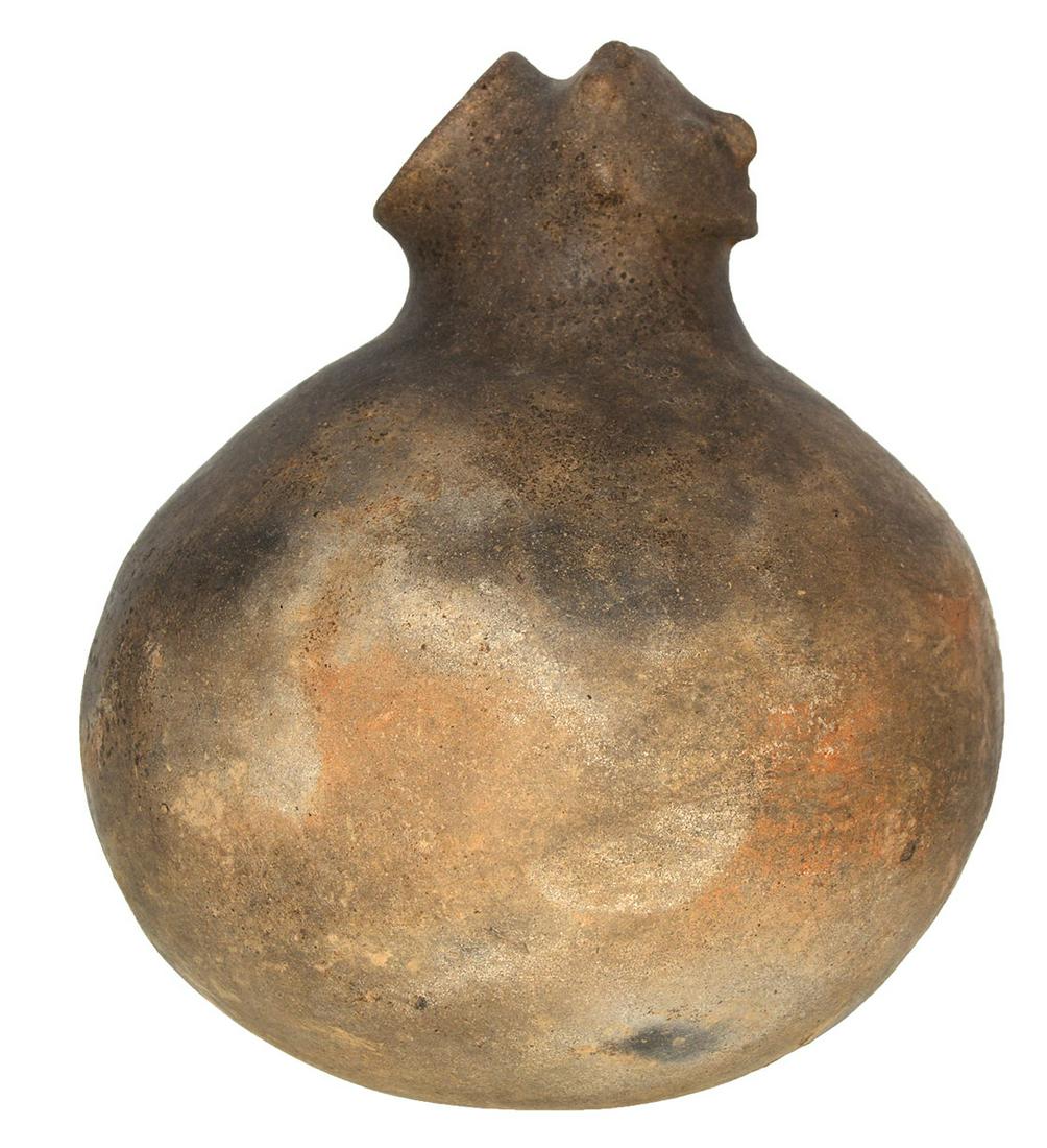 10 1/8" H. Hooded Human Effigy Bottle. New Madrid Co,: 10 1/8" H. Hooded Human Effigy Bottle. New Madrid Co, MO. Large and well made. Nice facial features. Bowl rings solid. Some hole repair on side. Fine condition