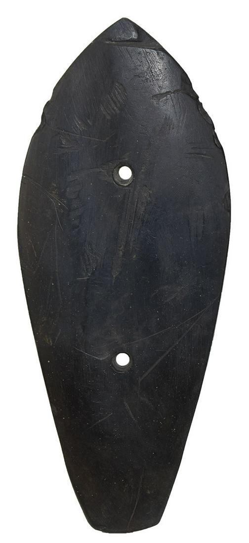 7" Glacial Kame Sandal Sole Gorget. Hardin Co, OH: 7" Glacial Kame Sandal Sole Gorget. Hardin Co, OH (Zimmerman Site). Ex-Dr. Russell Long. Bottom 15% restored on this impressive Slate artifact