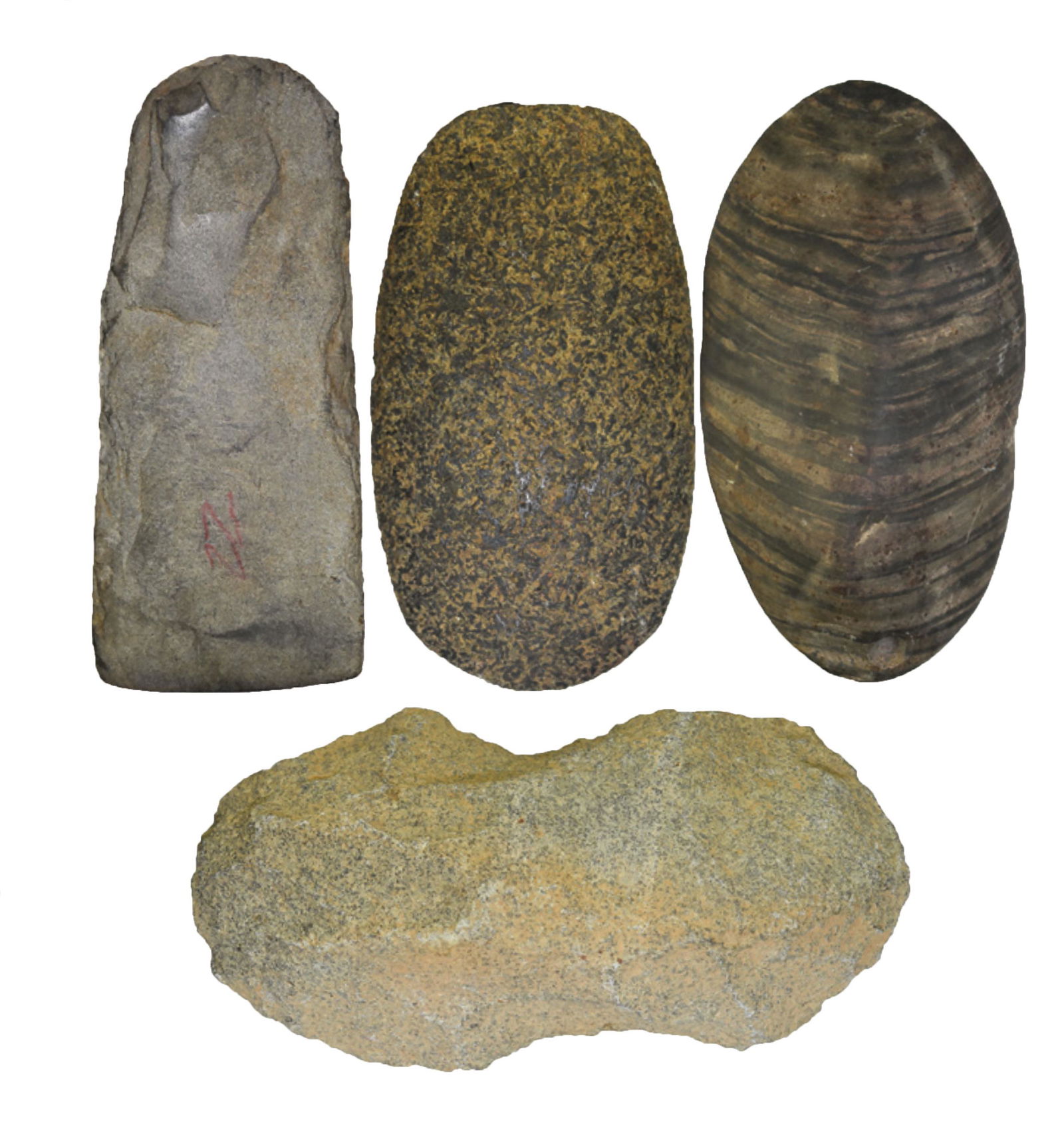 4 OH Artifacts; Flint Hoe, Flint Celt , Hardstone: 4 Nice Ohio Artifacts; 4 5/8" Flint Hoe (Union), 4 1/2" Flint Celt (Licking), 3 5/8" Hardstone Celt (Auglaize) and 4" Undrilled Glacial Kame Gorget (Auglaize)