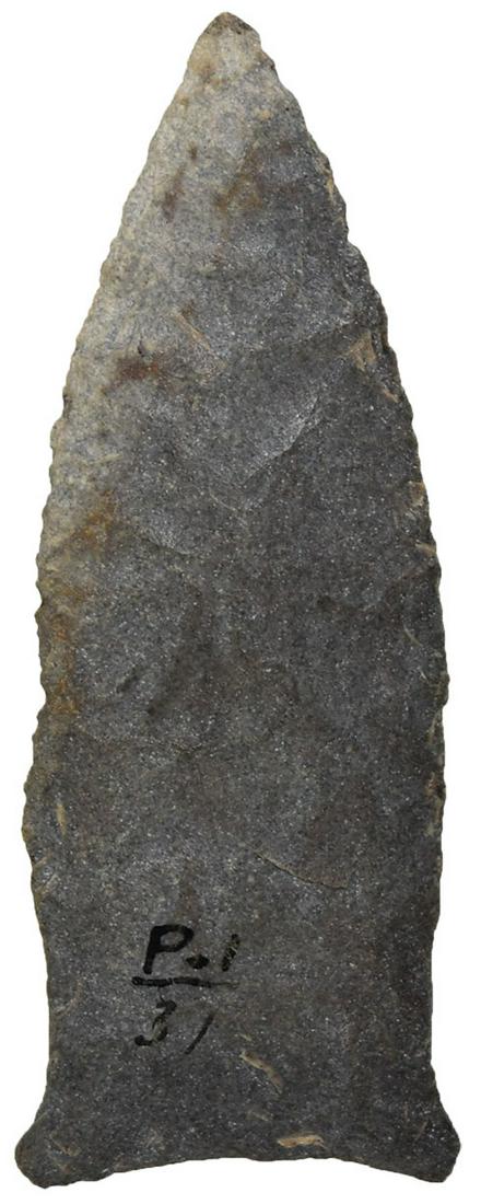 2 3/4" Beaver Lake. Jefferson Co, KY. Davis G9 COA.: 2 3/4" Beaver Lake. Jefferson Co, KY. Very thin (see side view). Gray chert with light striping on tip. Ex-Merle Wasson, Leslie Pfeiffer, Si Sisemore. Perino and Davis G9 COAs. Added additional photos