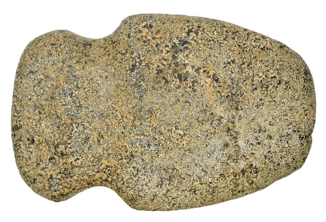 7 1/2" Full Groove Axe. IN. Large, very thin.: 7 1/2" Full Groove Axe. IN. Large, very thin and in good condition. Some worn over use wear. Speckled Porphyritic Granite. Ex-Frank Miklocek