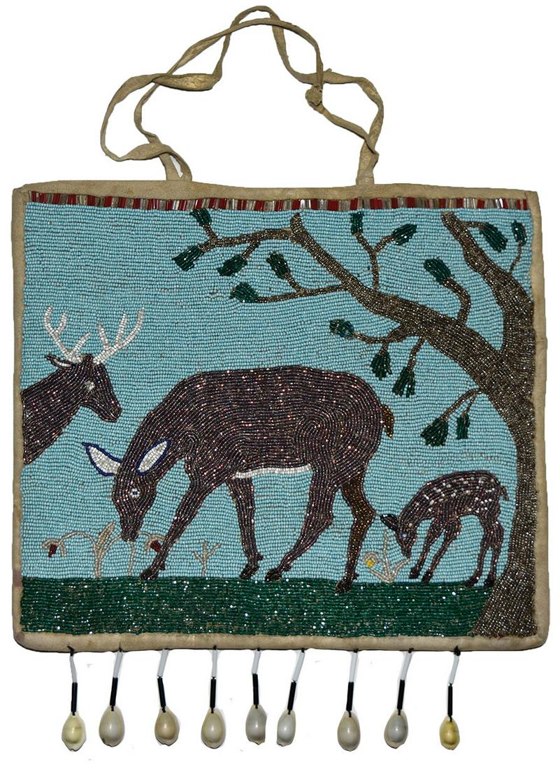 17 1/8" Plateau Beaded Bag. Beadwork in very fine: 17 1/8" Plateau Beaded Bag. Fully beaded front with realistic deer scene. Beadwork in very fine condition. Shell tinklers, cloth back. Ex-Professor Jeff Gordon collection. Acquired at Sotheby's years