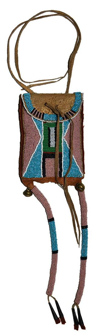 27" Gross Ventura Northern Sioux Meal Pouch (includes: 27" Gross Ventura Northern Sioux Meal Pouch (includes length of drops). Beadwork in fine condition (little or no bead loss). Leather back. Historic, early 1900's