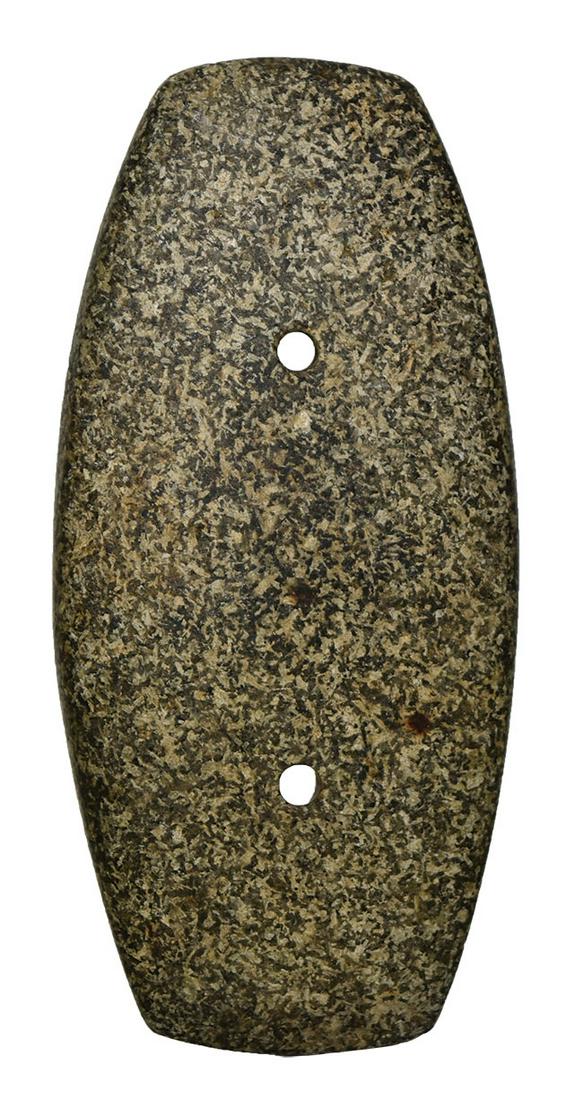 3 5/8" Hardstone Gorget. Sullivan Co, IN. Black and: 3 5/8" Hardstone Gorget. Sullivan Co, IN. Black and white Granite. Excellent form. G10. Ex-Bob Mathias