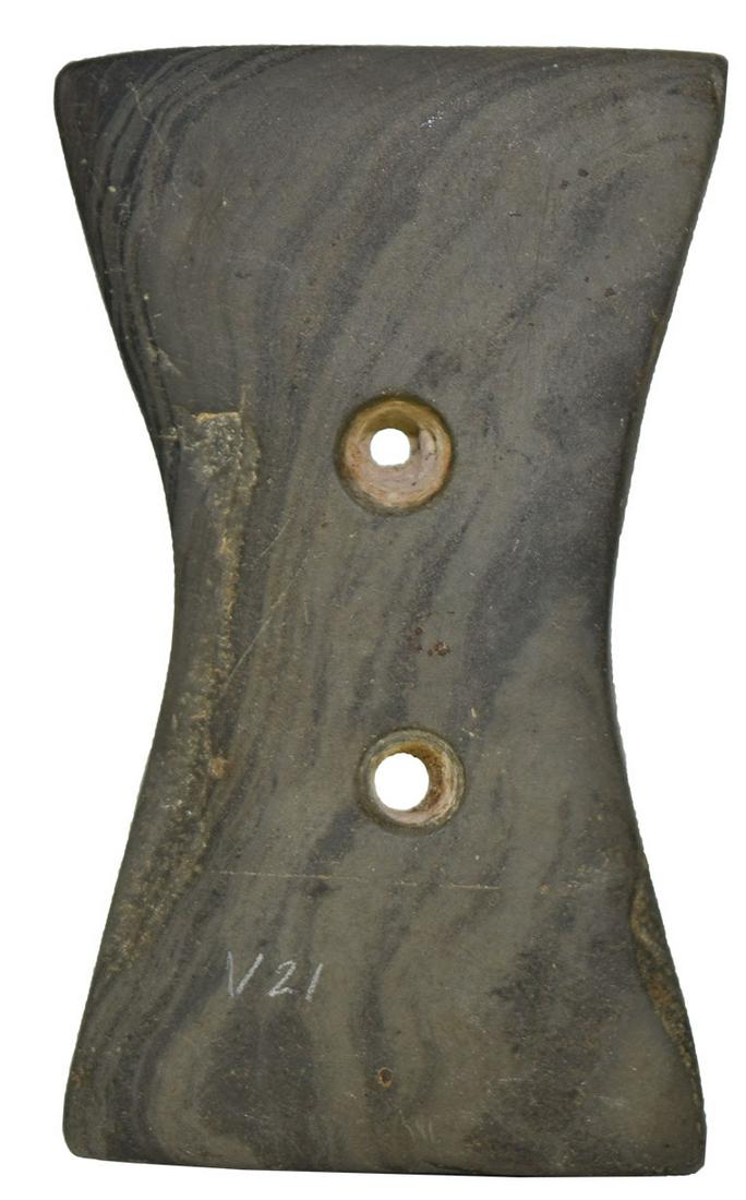 3 3/4" Bi-Concave Gorget. Ohio. Adena, banded Slate.: 3 3/4" Bi-Concave Gorget. Ohio. Adena, banded Slate. Very nice example in good condition