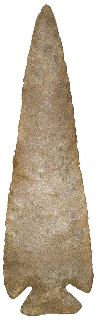 7 1/16" Thebes. Black Rock, AR). Davis G10 COA. Dan: 7 1/16" Thebes. Black Rock, AR (Lawrence Co.). Very fine and large Thebes. Thin, brown and tan chert. Centerpiece for any frame. Ex-Gary Lewis, Dan Stroud. FB J. O'Dell. Pictured in Stroud's April 201