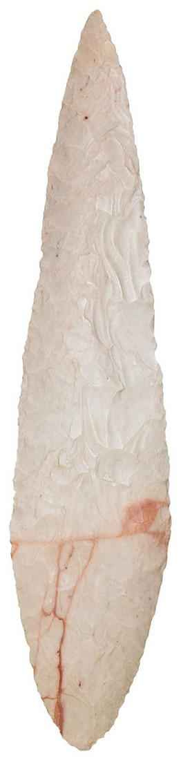 6 3/4" Lerma Knife. St. Charles Co, MO. Davis G10: 6 3/4" Lerma Knife. St. Charles Co, MO. Finely made, good bevel. Cream chert with reddish hue and streaking. Ex-Gary Lewis, Bob and Howard Lindley. Well pictured in WW#6, p214. Davis G10 COA