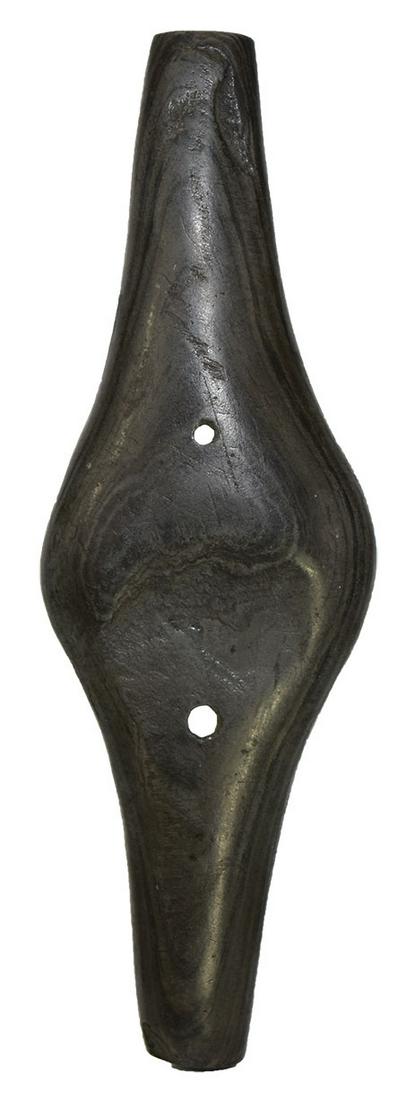 5 1/2" Adena Expanded Center Gorget. Ex-Dr. Gordon: 5 1/2" Adena Expanded Center Gorget. Ross Co, OH (Paint Creek). Banded Slate. Ex-Dr. Gordon Meuser (3467/5). Pictured in Meuser sale catalog and sketch book. Great old example