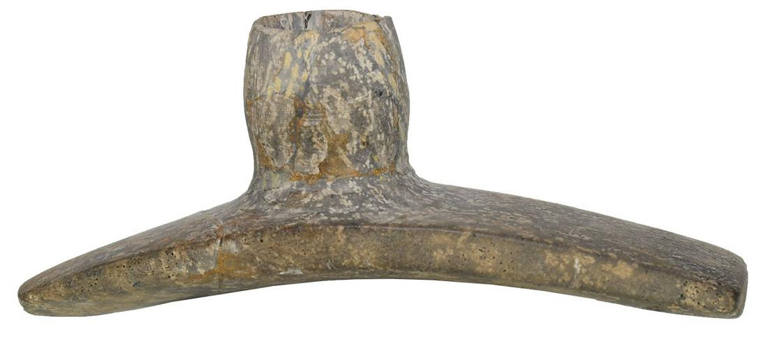 4 5/8" Hopewell Curved Base Monitor Pipe. Pictured in: 4 5/8" Hopewell Curved Base Monitor Pipe. Southern, IN. Ceremonially killed, glued with repair to bowl. Highly polished Schist. Ex-Art Gerber, Floyd Stewart. Pictured in 2012 #4 Prehistoric American, 