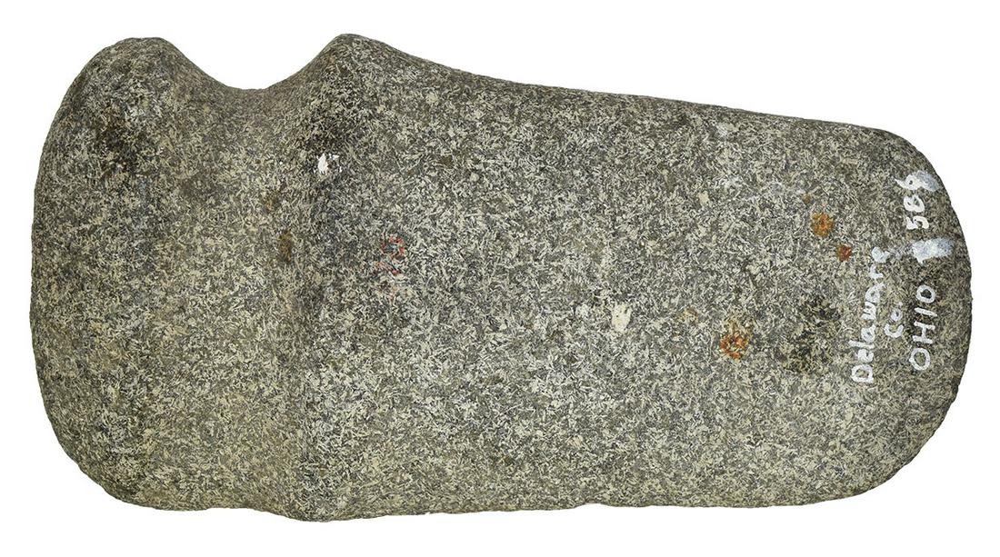 8 7/8" 3/4 Groove High Pole Axe. OH. Finely made: 8 7/8" 3/4 Groove High Pole Axe. Delaware Co, OH. Finely made with interesting 3/4" pocket hole in pole. Granite. Very good condition. Ex-Frank Miklocek