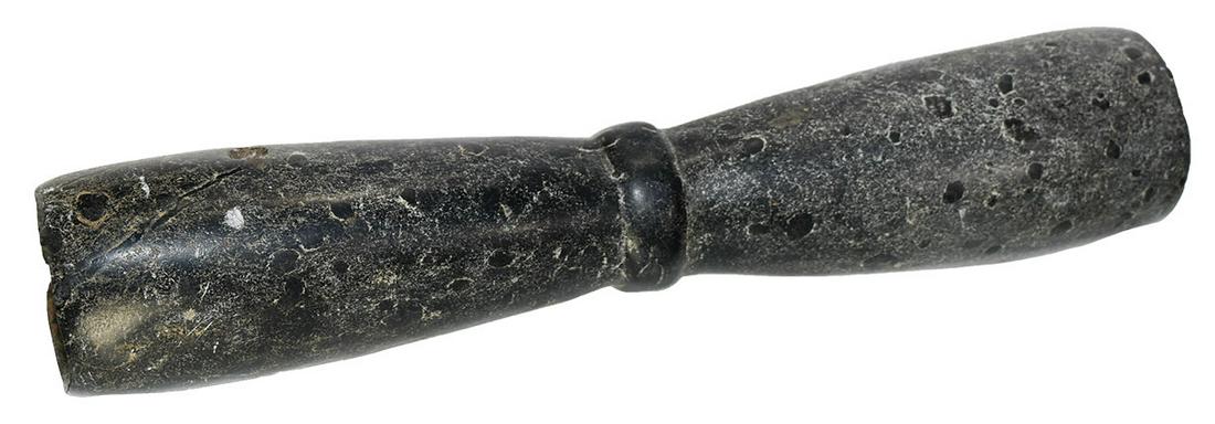 12 1/2" Constricted Center Tube Pipe. Davis G10+ COA.: 12 1/2" Constricted Center Tube Pipe. San Diego area, CA. Wonderfully patinated Steatite. Highly polished. Excellent condition. Ex-Charlie Wagers, Artes Collections. Davis G10+ COA