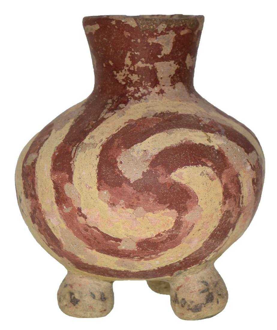 6 3/4" Tripod Red and White Swirl Bottle. AR. Rare: 6 3/4" Tripod Red and White Swirl Bottle. AR. Appears solid, with legs reattached and minor rim repair. Paint appears mostly original. Rare type. Ex-Rocky Hall