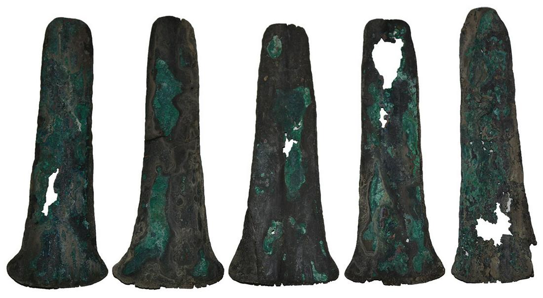 Group of 5 Copper Axes (Trade Money). MX. Very thin.: Group of 5 Copper Axes (Trade Money). MX. Very thin. 5 3/4"-6". A nice looking group in a Riker Frame