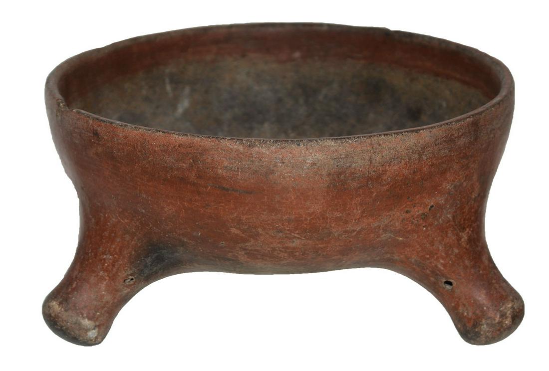 6 1/2" D. Mayan Tripod Bowl. Graceful with red paint: 6 1/2" D. Mayan Tripod Bowl. Graceful with red paint and rattle legs. Solid with minor pressure cracking. Pre-Columbian