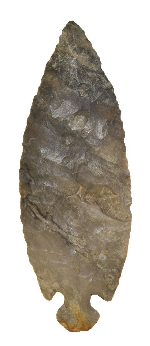 4 11/16" Early Ovoid Knife. Grayson Co, KY. Tyrone: 4 11/16" Early Ovoid Knife. Grayson Co, KY. Tyrone Chert with some divots. Excellent form, thin. Classic tanged base. Ex-Gary Cuckler, C.C. Meredith. Davis G7 COA