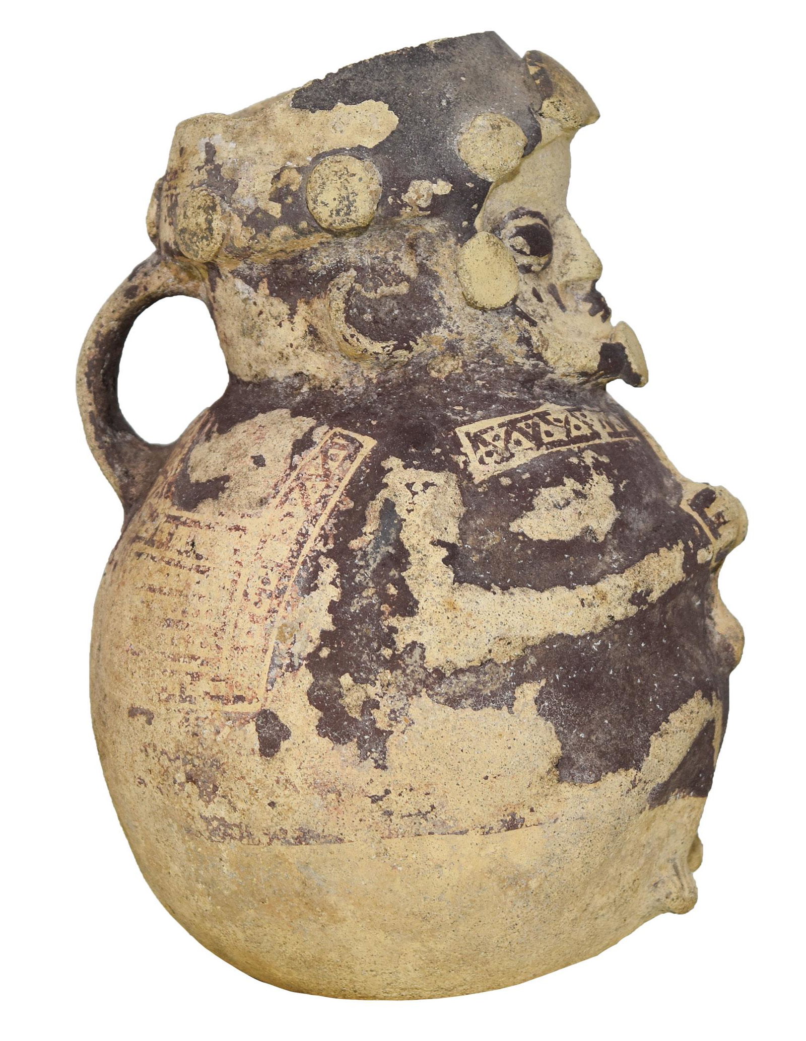 6 3/4" H. Human Effigy Bottle. Eastern Peru.: 6 3/4" H. Human Effigy Bottle. Eastern Peru. Chancay, 1200-1400 AD. Very ornate design. Solid with original paint. Ex-Leroy Irons. Has Schmitt COA