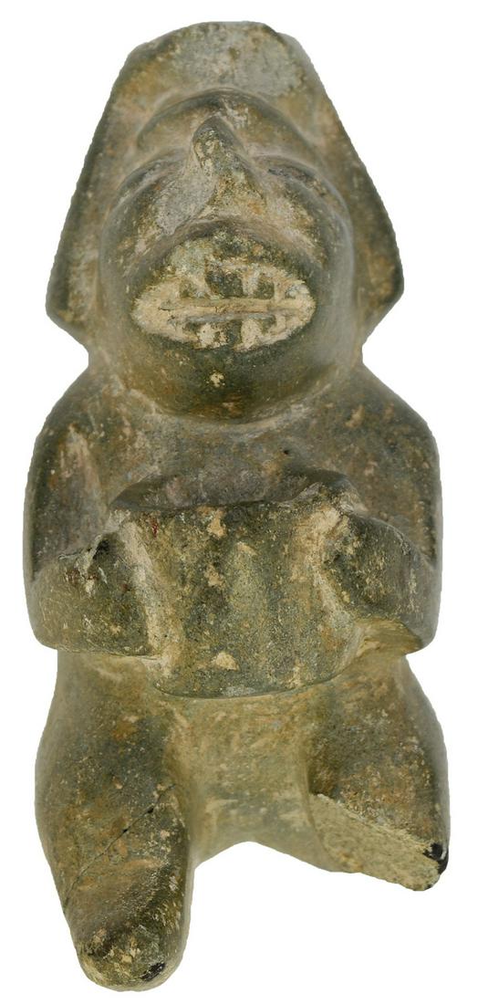 5 1/2" Olmec Statue with Offering. MX. From of Green: 5 1/2" Olmec Statue with Offering. MX. From of Green Jadeite. Old damage to foot. Pre-Columbian