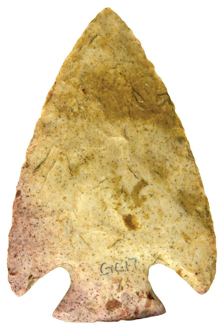 2 3/4" Snyders. Iowa. Davis G10 COA. Thin, very well: 2 3/4" Snyders. Iowa. Thin, very well made. Heat treated Burlington Chert. Pictured in Overstreeet Price Guide (#13, p969). Davis G10 COA. 2/6/20: Added info and photo