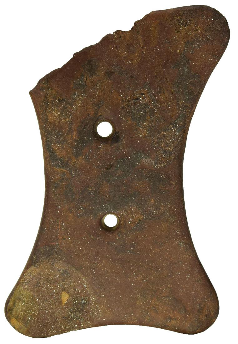 3 5/8" Bi-Concave Gorget. TN. Eastern TN. Brown: 3 5/8" Bi-Concave Gorget. TN. Great old example from Eastern TN. Brown hardstone with gold flecks. Corner missing