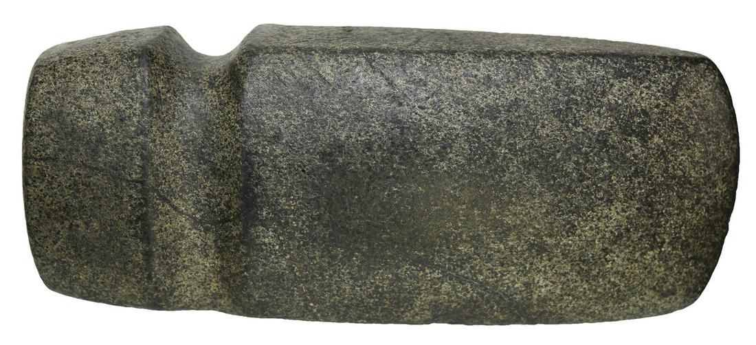 7" 3/4 Groove Axe. Pictured in 1992 #4 Prehistoric: 7" 3/4 Groove Axe. Montgomery Co, IA. Beautifully shaped. Good polish. Very fine condition with some worn over use wear on back side of pole. Ex-David DeTar Newbert, Floyd Goddard. Found by P.M. Gordy