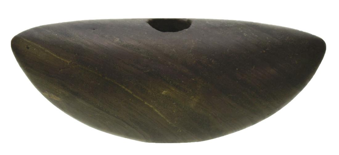 3 9/16" Pick Bannerstone. Indiana. Fine Slate example: 3 9/16" Pick Bannerstone. Indiana. Fine Slate example with vivid banding. Slight chipping on bottom of hole. Well polished, good symmetry. Acquired from Tom Davis in 2000
