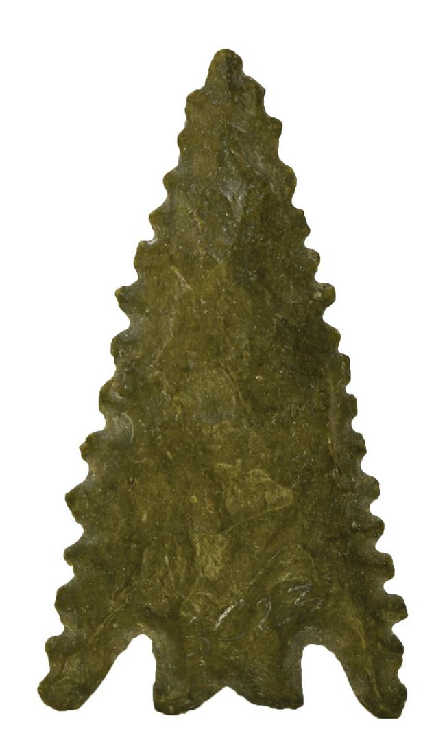 1 1/2" Gatecliff Split Stem. CA. Serrated, G10 point.: 1 1/2" Gatecliff Split Stem. CA. Serrated, G10 point. Made of green Franciscan Chert