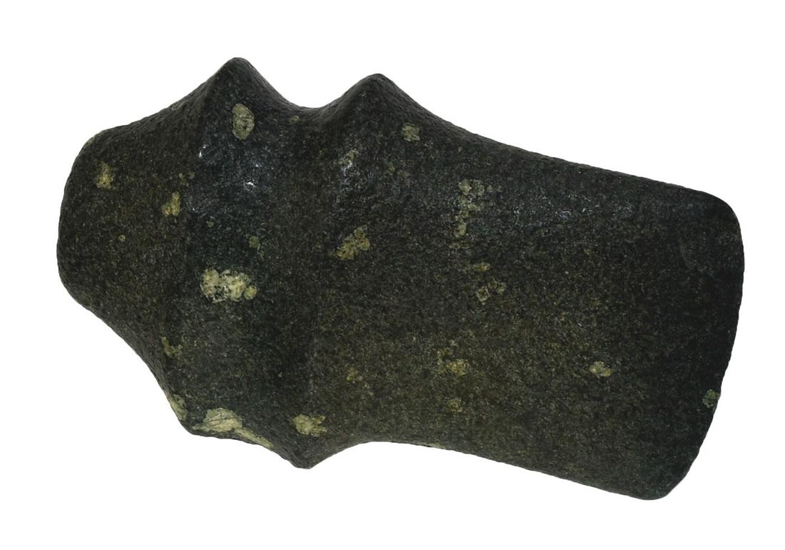 7" Four Point Trophy Axe. OH. Porphyry. Davis COA.: 7" Four Point Trophy Axe. OH. Porphyry. Highly developed with raised ridge and flare to bit. Nicely weathered with an old sheen to the finish. Green hard stone with cream phenocrysts. Very fine condit