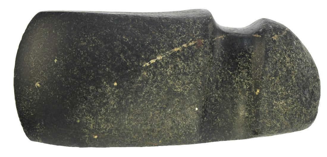 6 7/8" Iowa Slant Groove Axe. Dallas Co, IA.: 6 7/8" Iowa Slant Groove Axe. Dallas Co, IA (Booneville). Highly polished. Fine condition with worn over use wear on pole. Black hardstone. Ex-Bruce Filbrandt (has his sketch and notes), Steve Conrad,