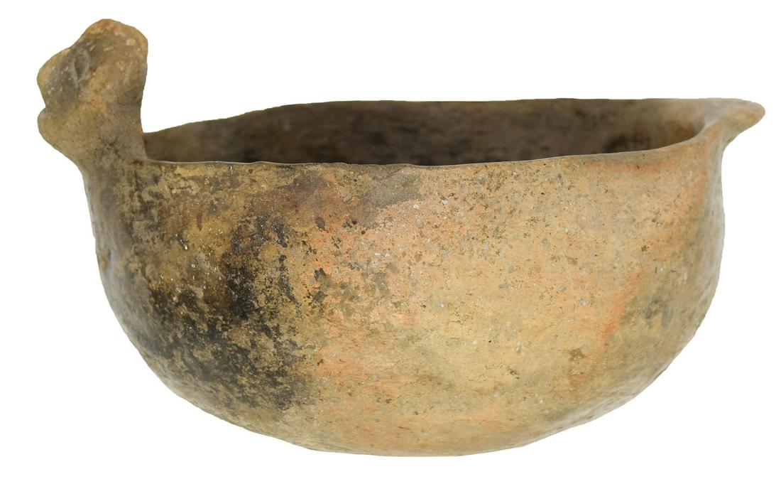7 1/2" D. Human Head Rim Effigy Bowl. AR. Head: 7 1/2" D. Human Head Rim Effigy Bowl. AR. Head reattached. Davis G8 (Restored) COA