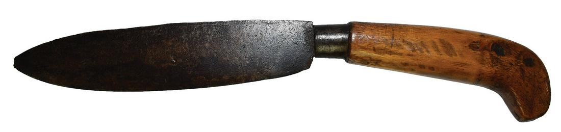 12 7/8" Settler: 12 7/8" Settler's Knife. Very old example. Curved Antler handle and hand forged blade stamped with "S". Fine shape